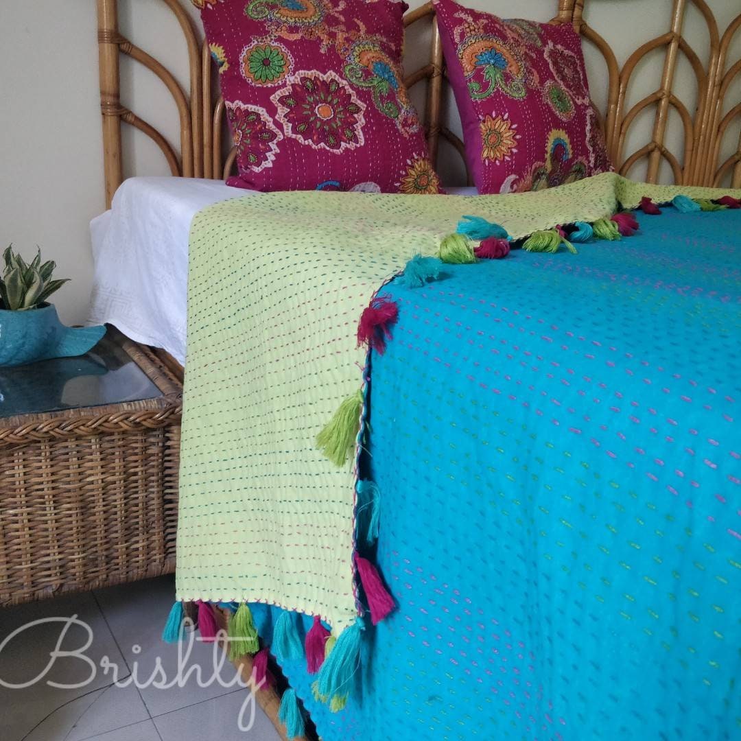 Reversible kantha throw bedcover with tassels