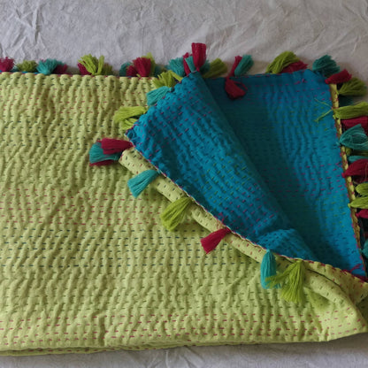 Reversible kantha throw bedcover with tassels