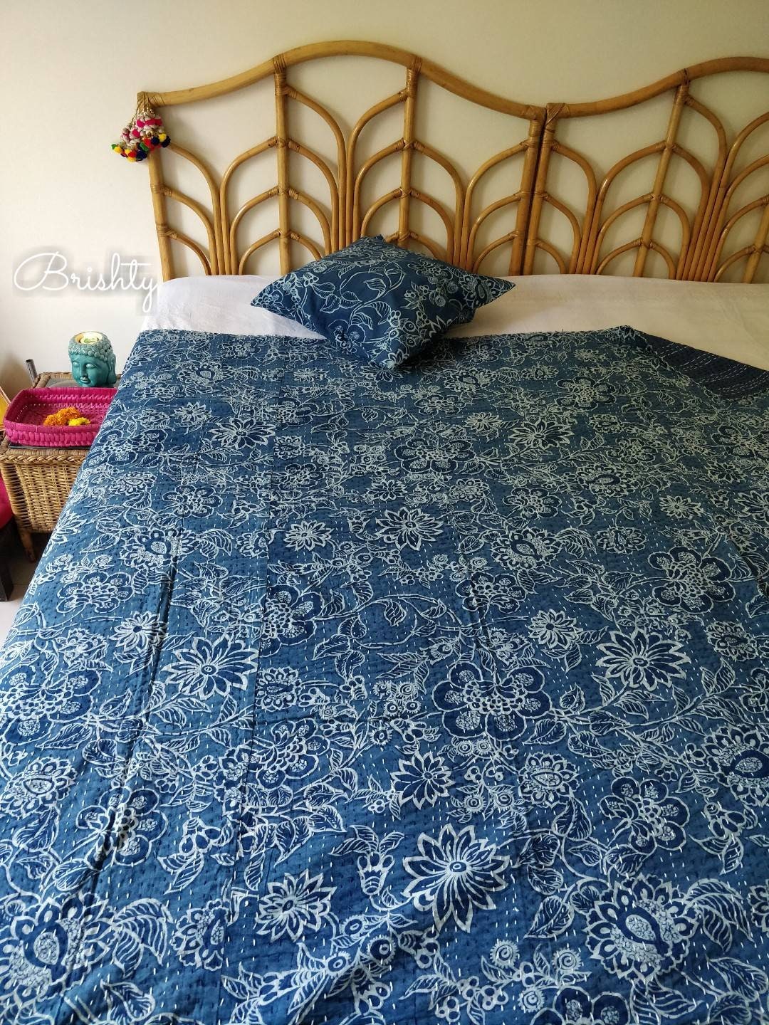 Indigo floral block printed kantha bedcover