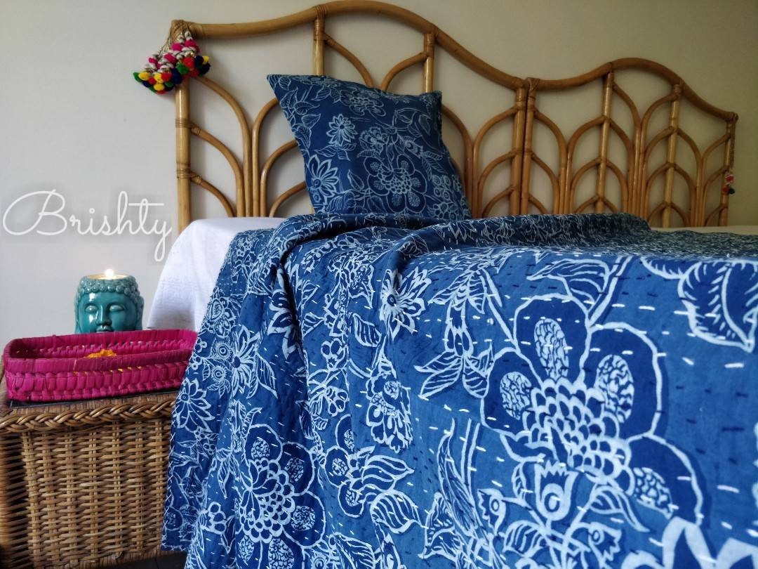 Indigo floral block printed kantha bedcover