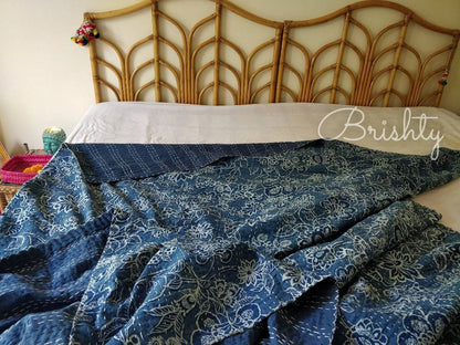 Indigo floral block printed kantha bedcover