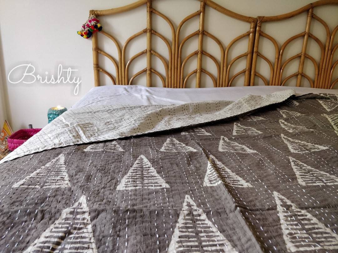 Neutral grey geometric block printed kantha bedcover