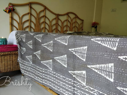 Neutral grey geometric block printed kantha bedcover