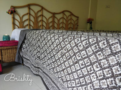 Neutral grey block printed kantha bedcover