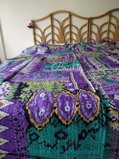 Colorful eclectic purple kantha bedcover