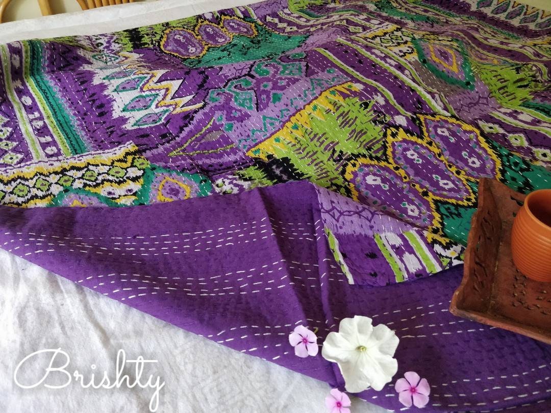 Colorful eclectic purple kantha bedcover