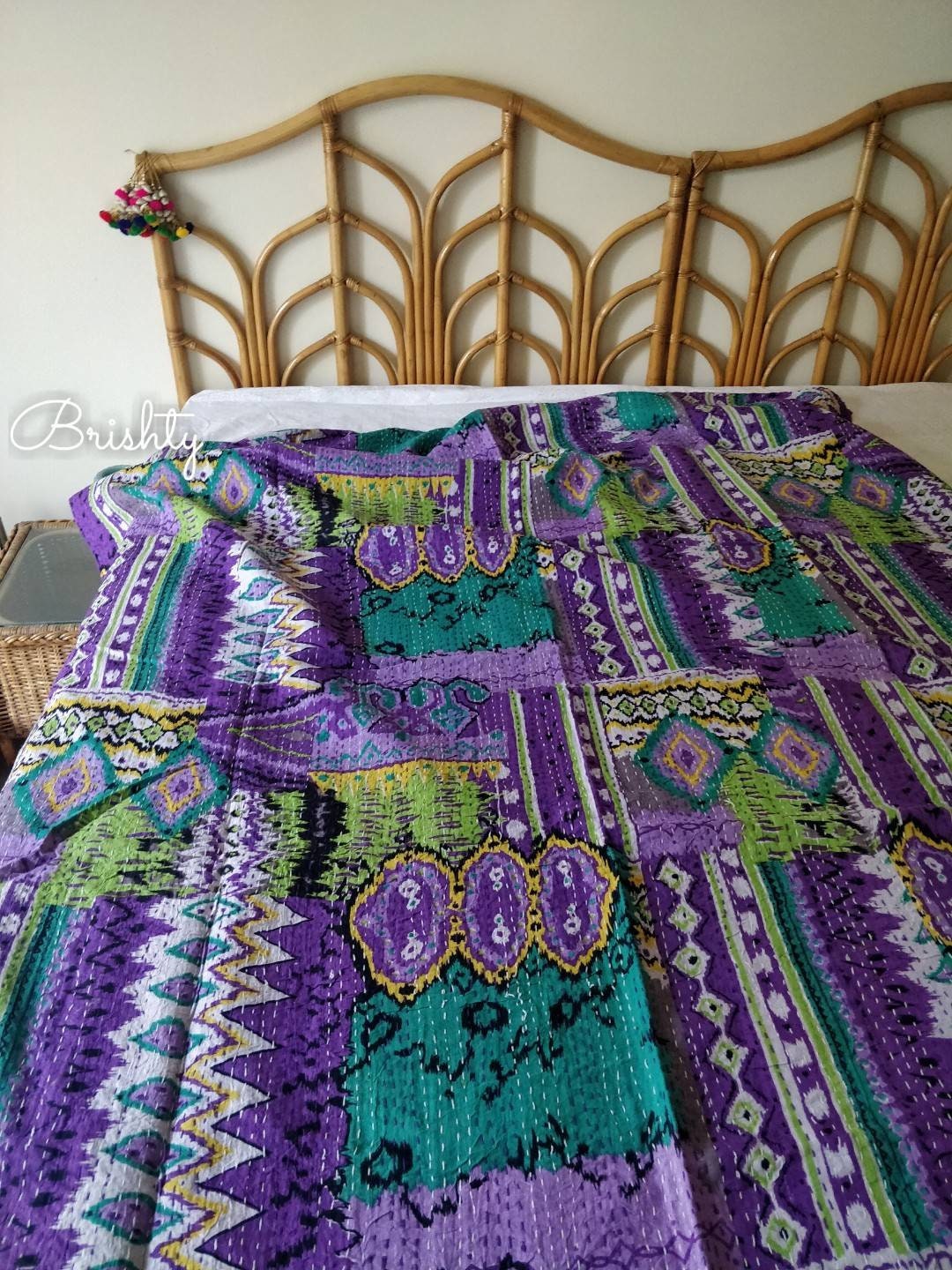 Colorful eclectic purple kantha bedcover