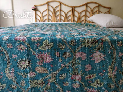 Teal floral kantha bedcover