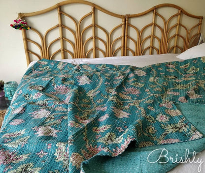 Teal floral kantha bedcover