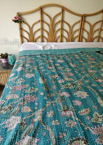 Teal floral kantha bedcover