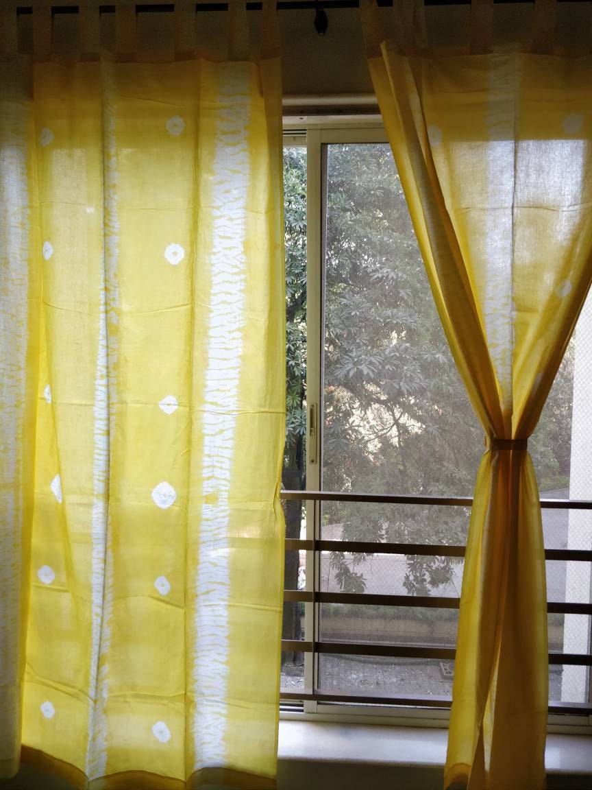 Yellow tie dyed cotton sheer curtains