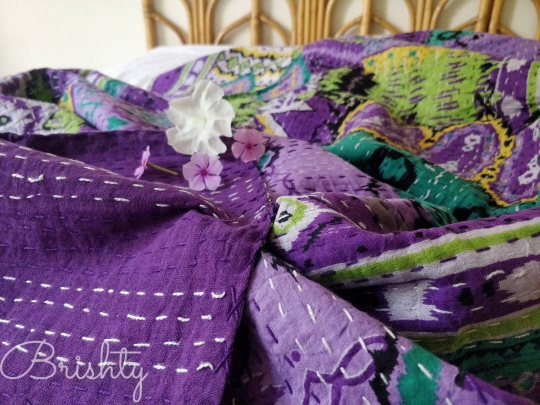 Colorful eclectic purple kantha bedcover