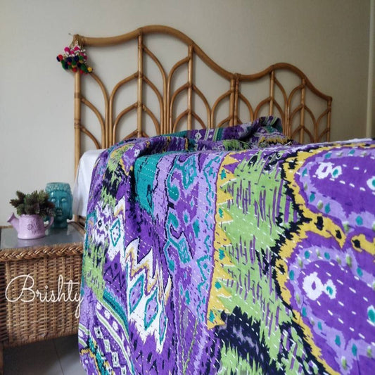 Colorful eclectic purple kantha bedcover