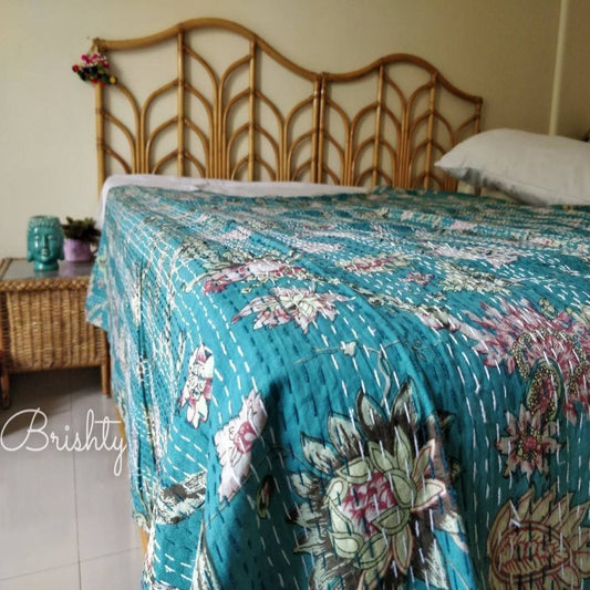 Teal floral kantha bedcover