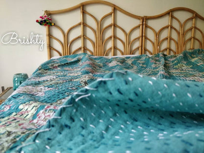 Teal floral kantha bedcover