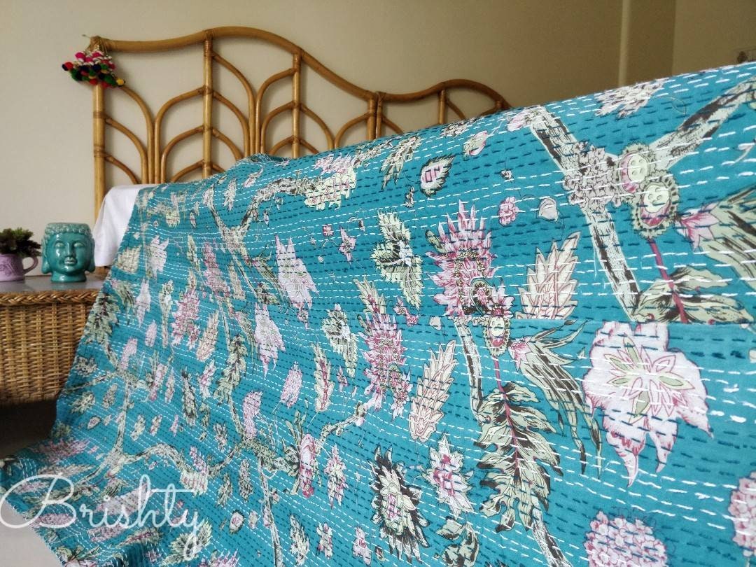 Teal floral kantha bedcover