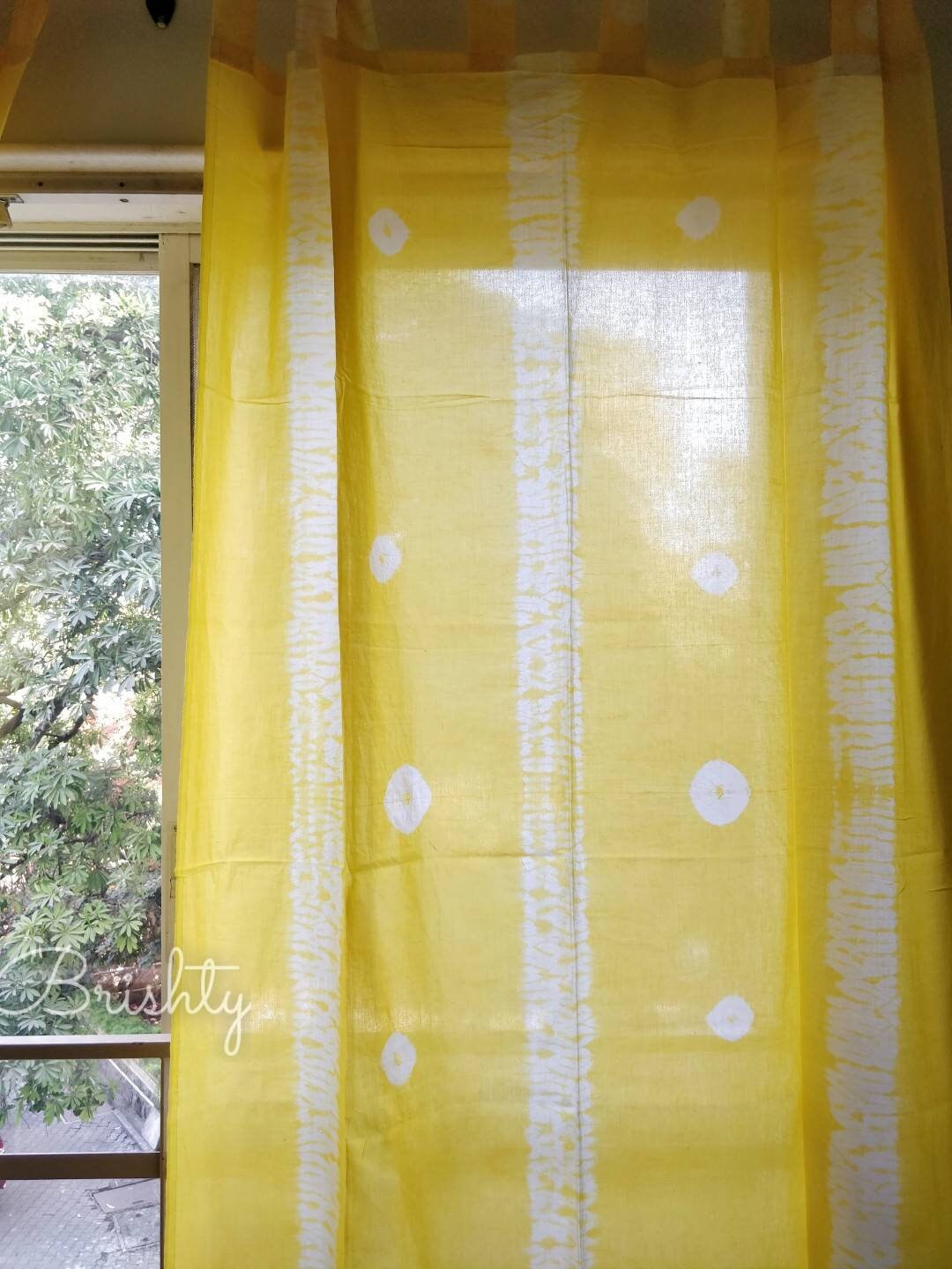 Yellow tie dyed cotton sheer curtains