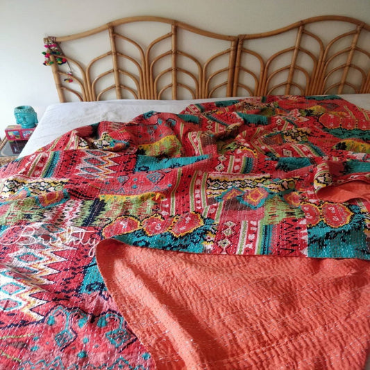 Colorful coral kantha bedcover