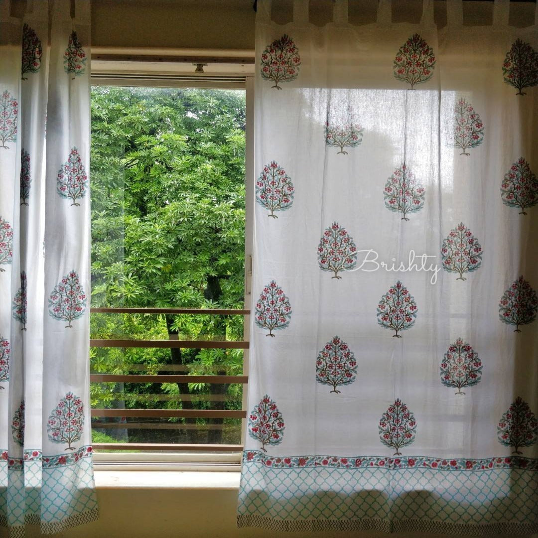 Sea green floral booti block printed curtain