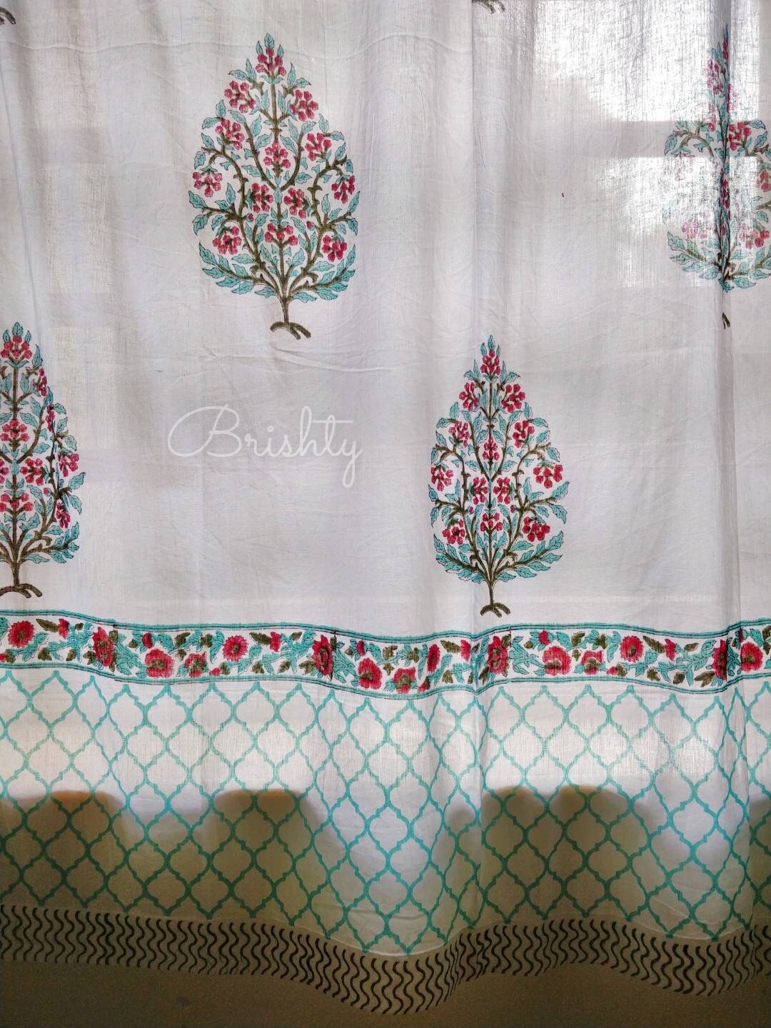 Sea green floral booti block printed curtain