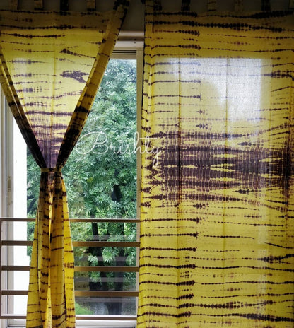 Yellow and brown tie dyed sheer curtains