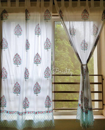 Sea green floral booti block printed curtain