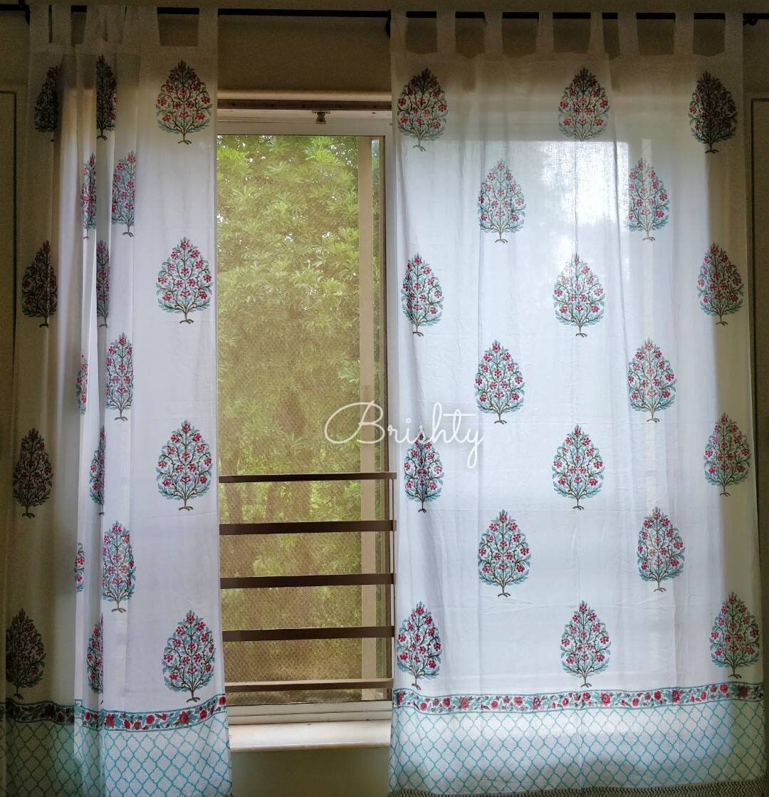 Sea green floral booti block printed curtain