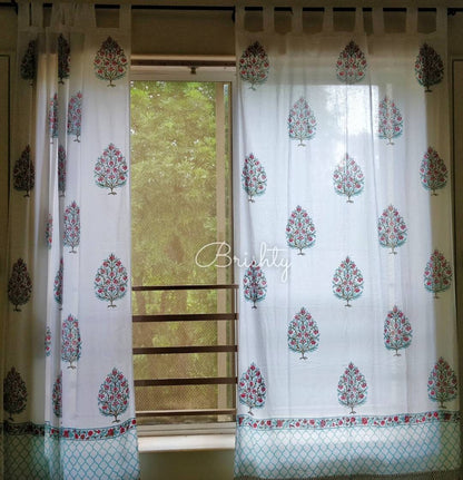 Sea green floral booti block printed curtain