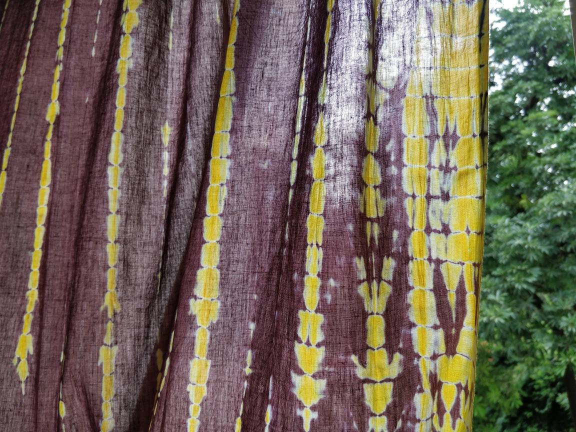 Yellow and brown tie dyed sheer curtain