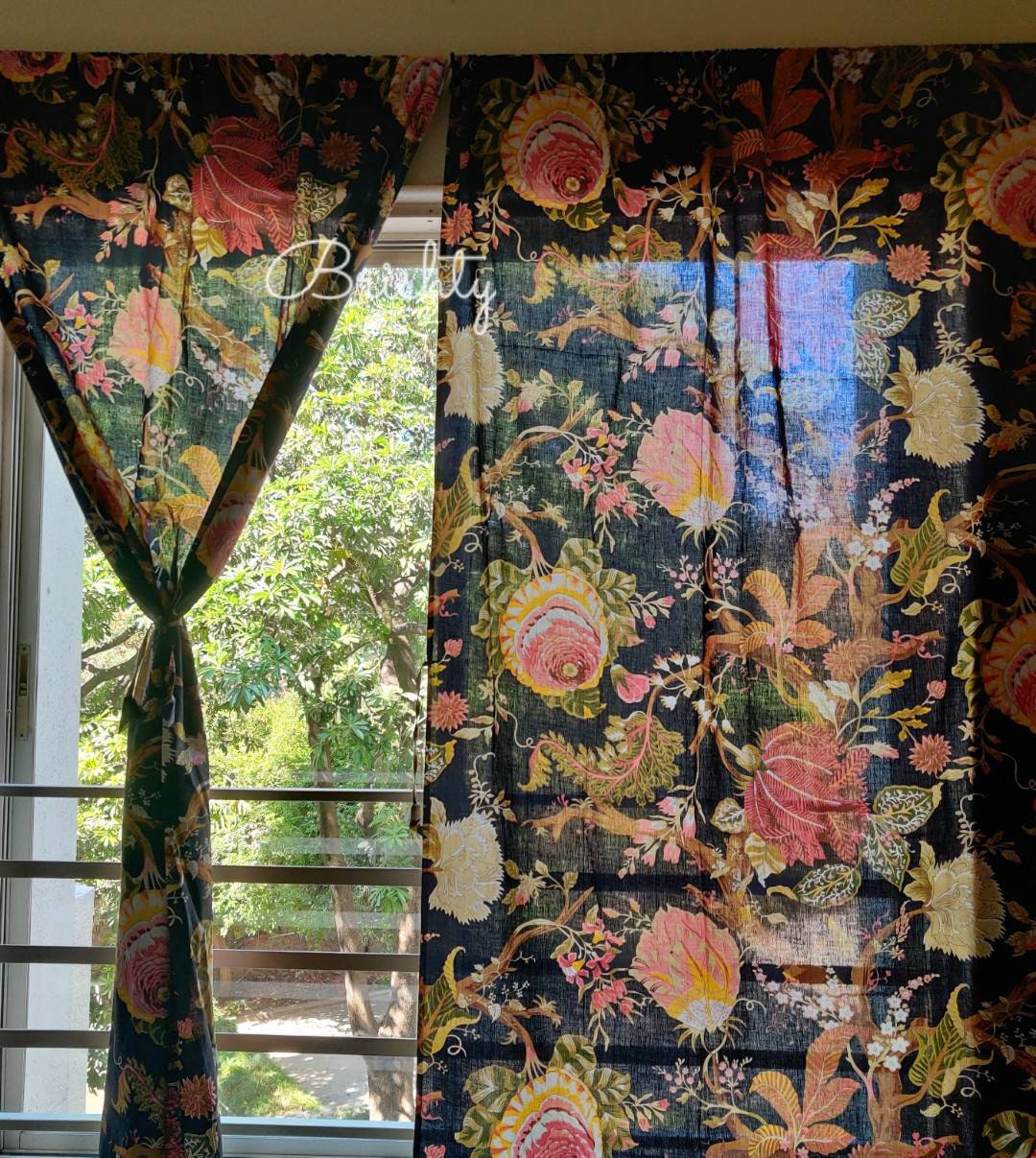 Black cottage style floral curtain