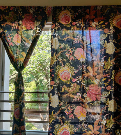 Black cottage style floral curtain