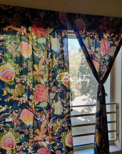 Black cottage style floral curtain