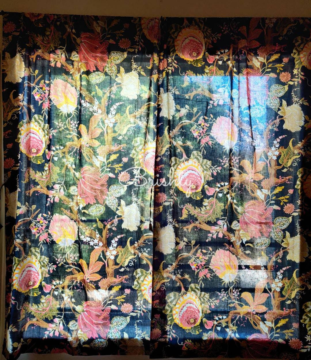 Black cottage style floral curtain