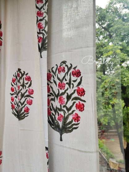 Block printed floral sheer curtains