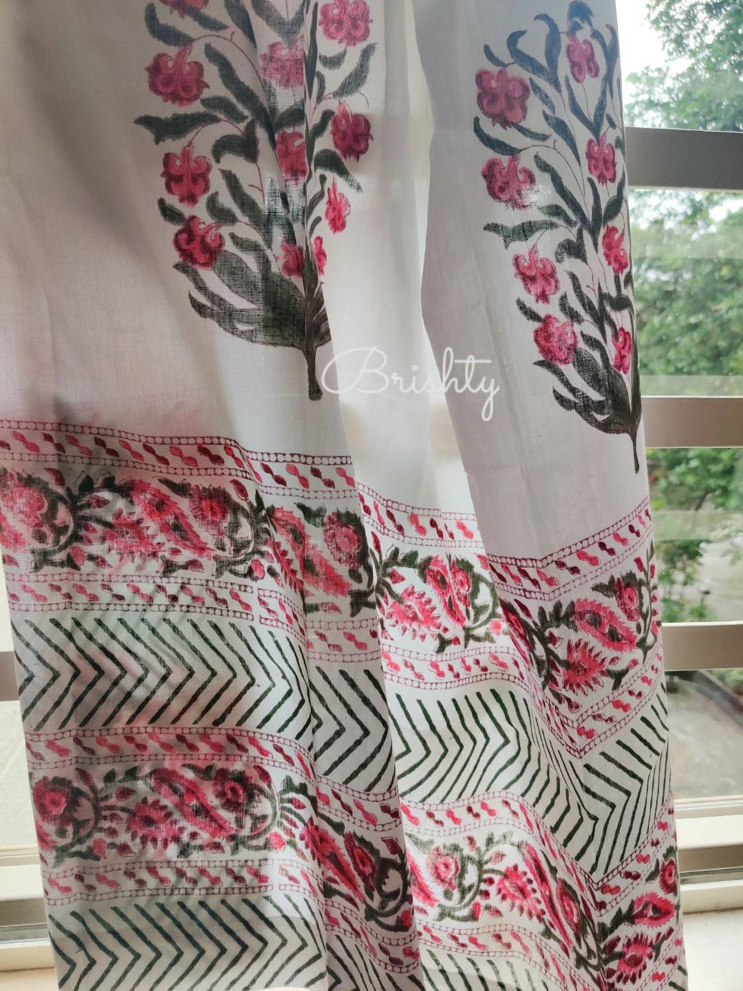 Block printed floral sheer curtains