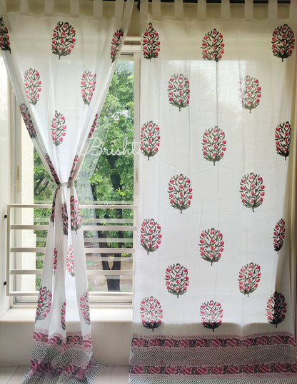 Block printed floral sheer curtains