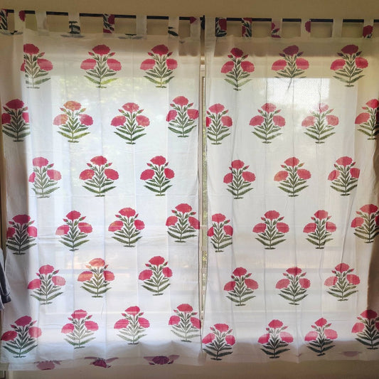 Red marigold block printed floral curtains