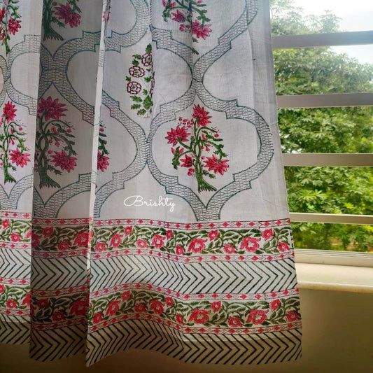 Block printed floral sheer curtains