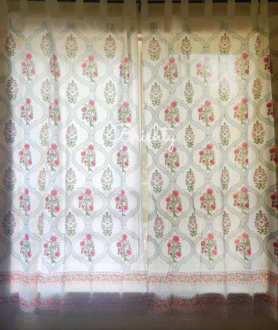 Block printed floral sheer curtains