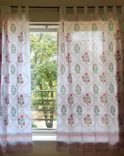 Block printed floral sheer curtains