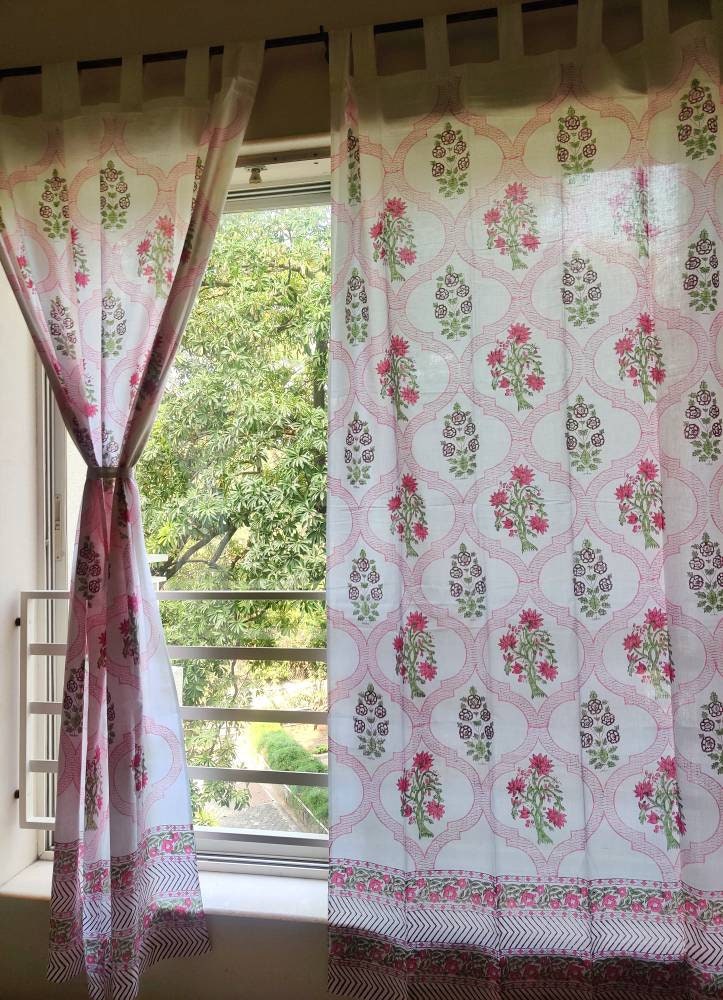 Block printed floral sheer curtains