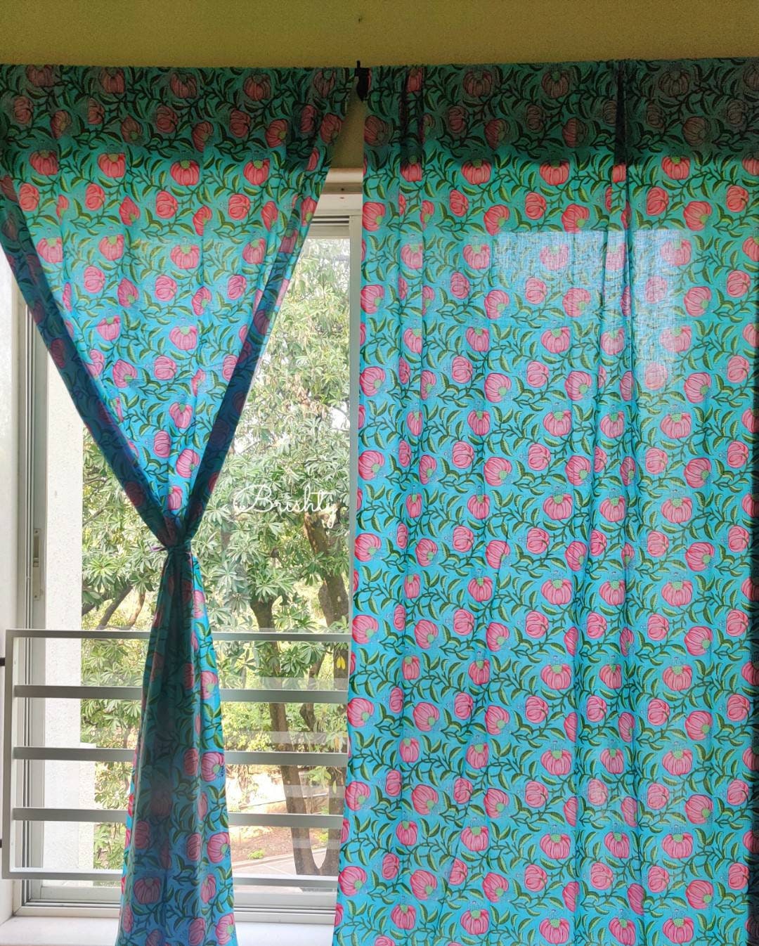 Turquoise pink floral curtains