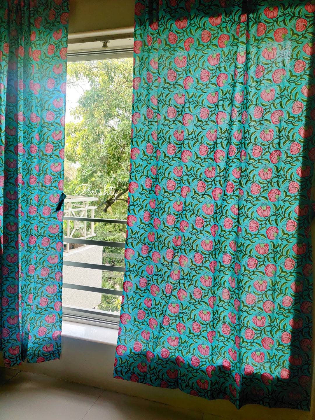 Turquoise pink floral curtains