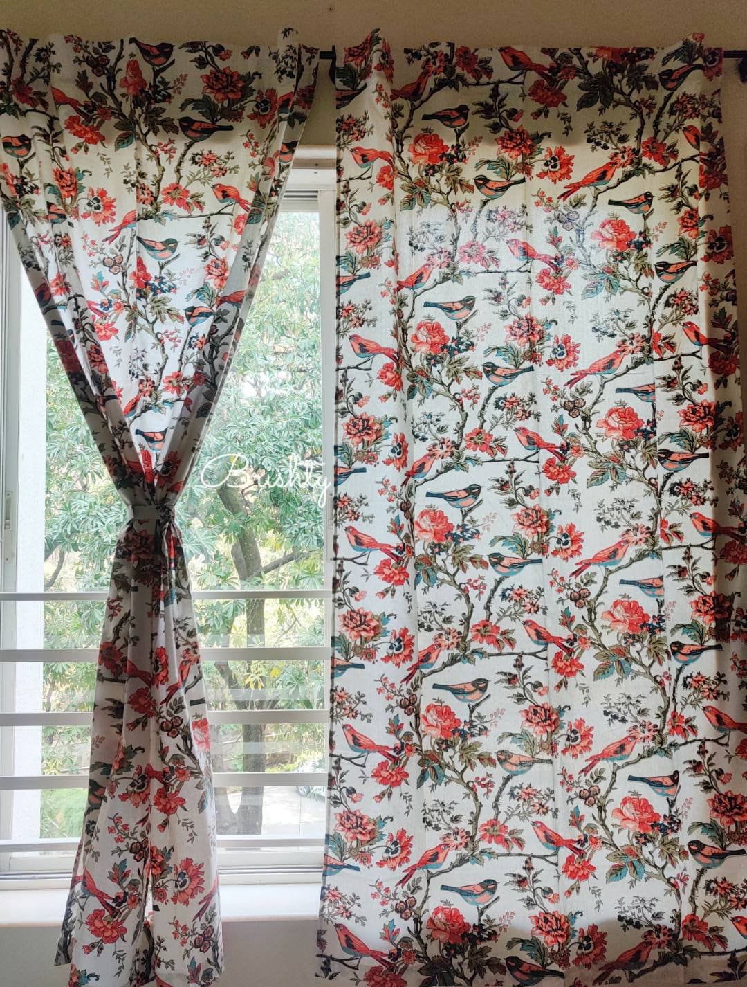 Bird printed floral thick cotton curtains