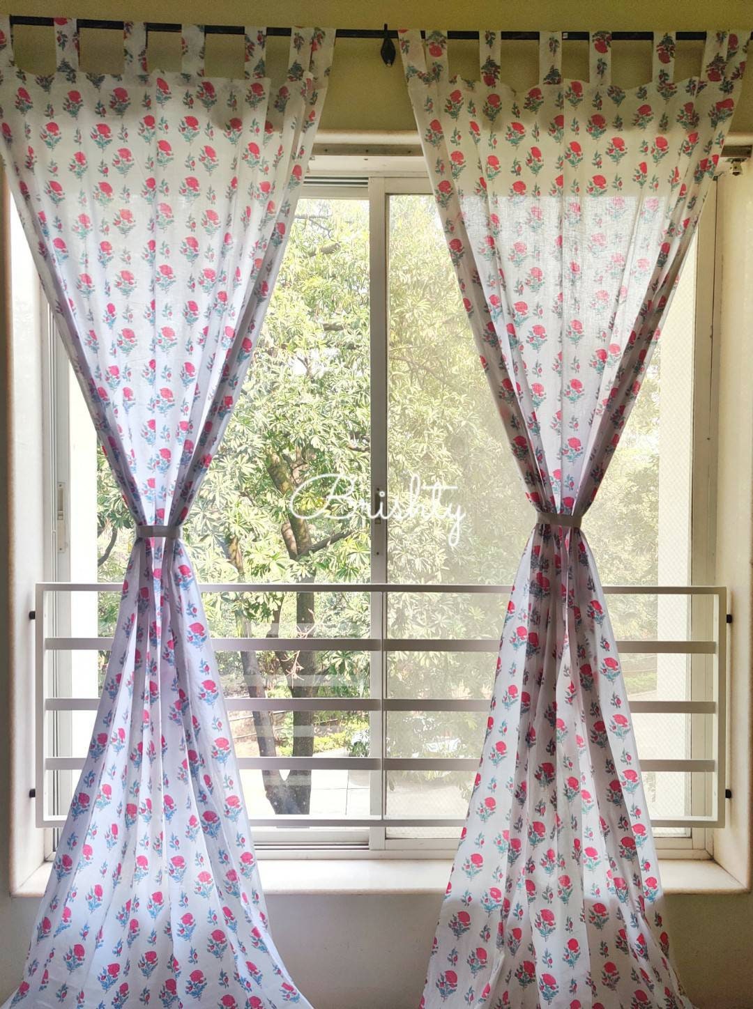 Floral bubblegum pink block printed sheer curtains