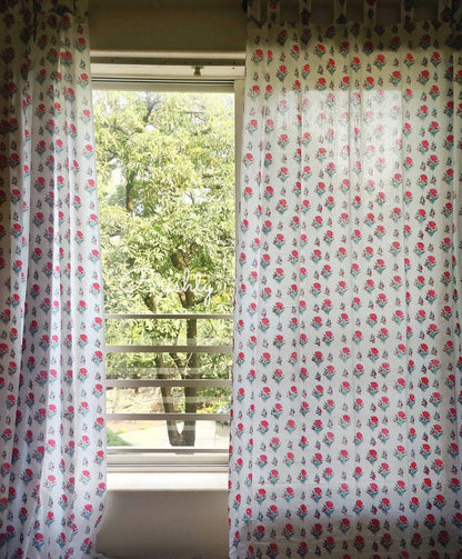 Floral bubblegum pink block printed sheer curtains