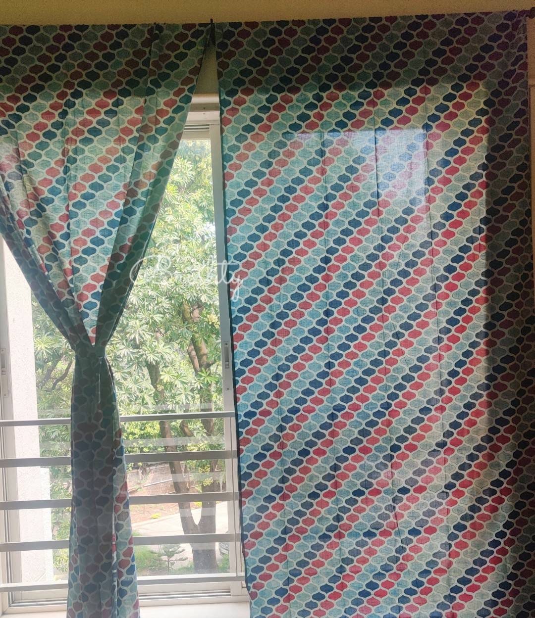 Indigo and red block printed sheer curtains