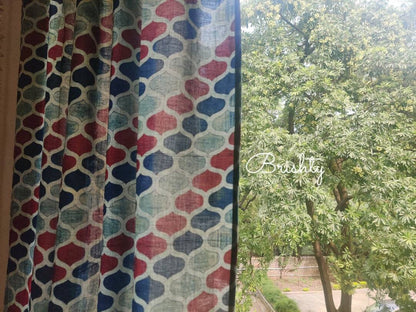 Indigo and red block printed sheer curtains