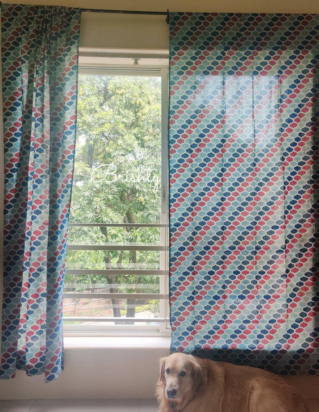 Indigo and red block printed sheer curtains