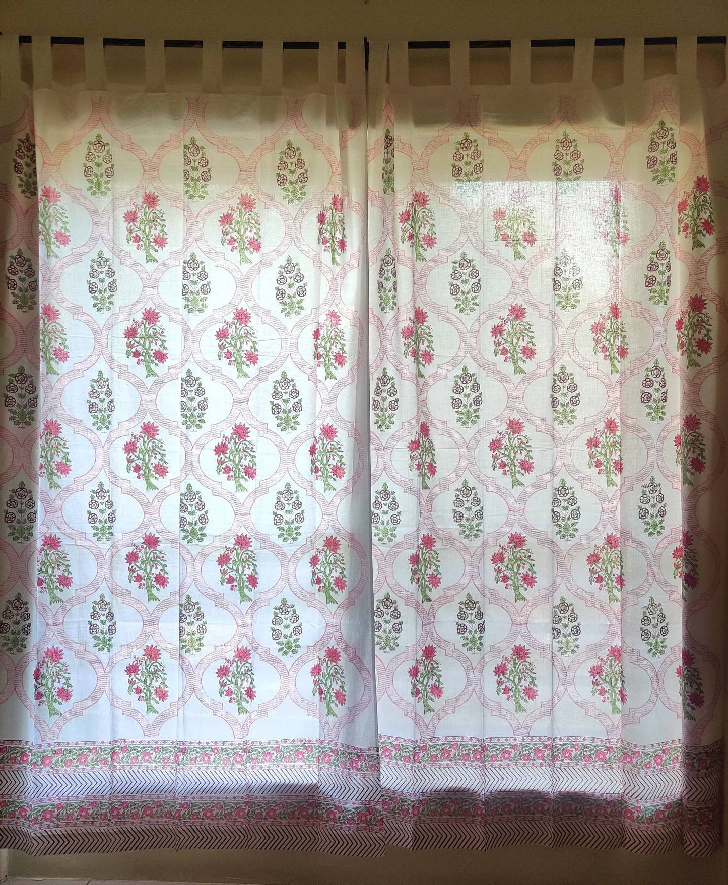 Block printed floral sheer curtains